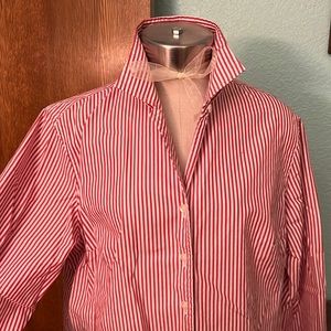 Ladies Talbots size 16, red and white pinstripe button-down long sleeve shirt.